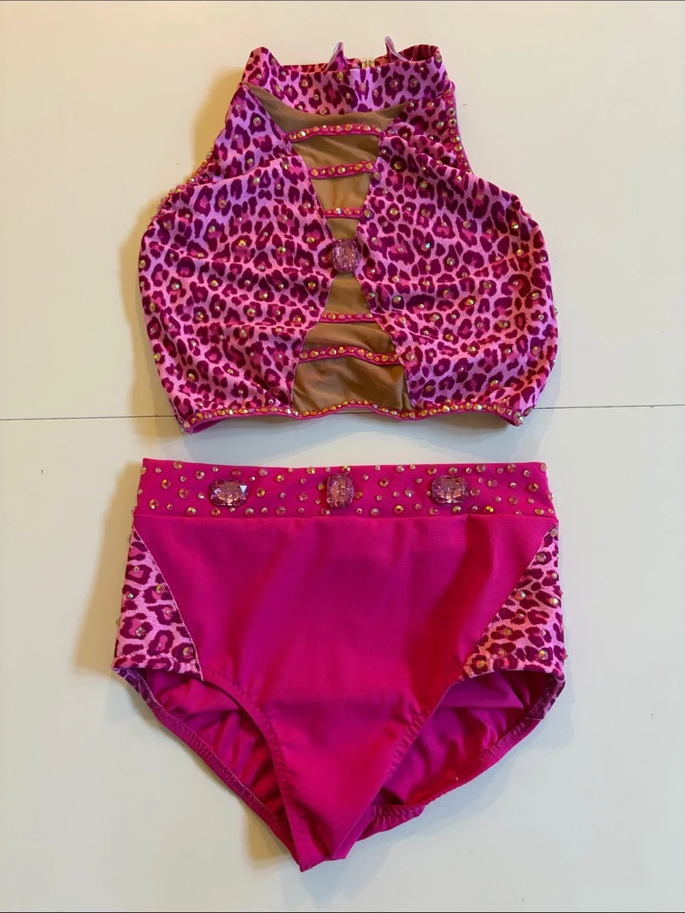 Girls Pink Leopard Dance Costume Set with Jewel Accents